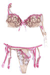 Balconnet mousse et armature, string en voile polyamide brode et porte-jarretelles, 49 et 25 euros lun, Huit.