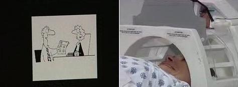 Женщине делается магниторезонансное сканирование, она улыбается, потому что карикатура её развеселила (изображения с сайта stanford.edu).
